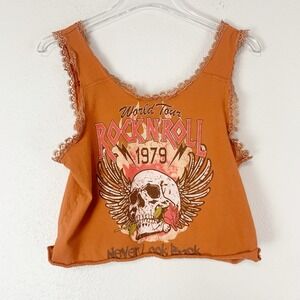 Goodie Two Sleeves Tank Top Womens Medium Cropped Lace Trim Skull Rock n Roll M